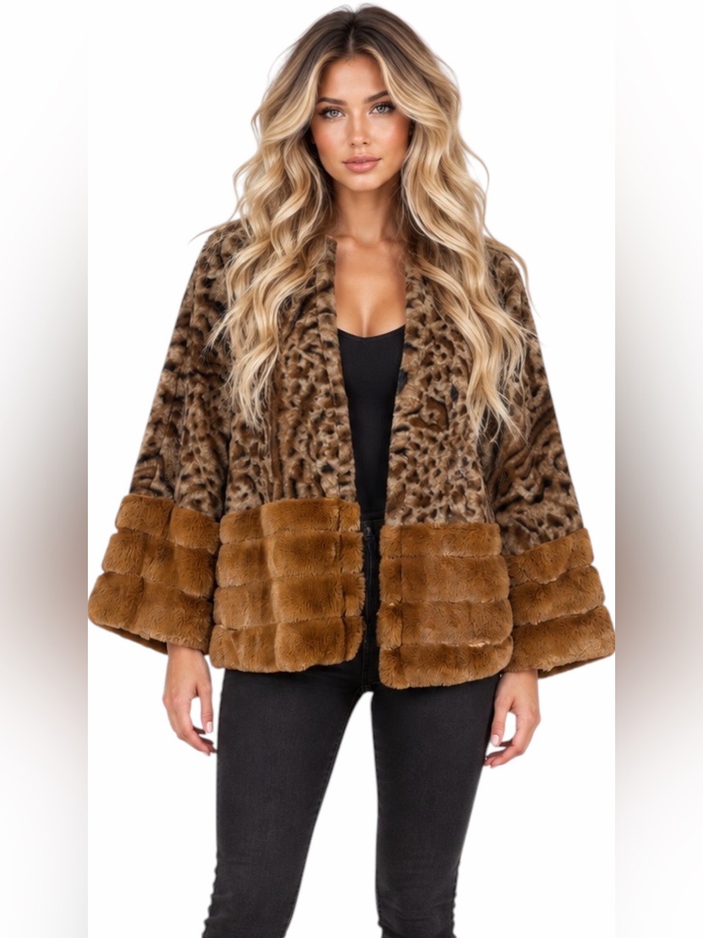NWT – Mystree – Leopard Print Faux Fur Open-Front Jacket – Brown – Sz. M